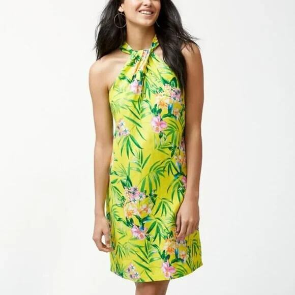 Tommy Bahama Floral Print Halter Dress Size Large Linen Twist Front Tropical - Picture 1 of 10